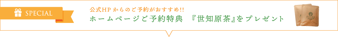 公式HPからのご予約がおすすめ!!ホームページご予約特典　『世知原茶』をプレゼント